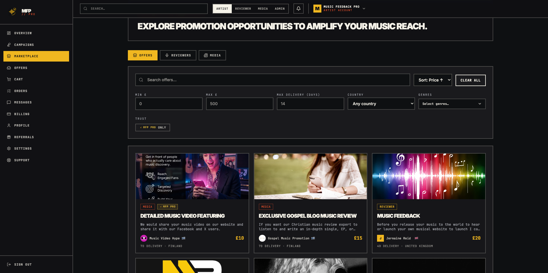 Music Feedback Pro marketplace showing curator offers